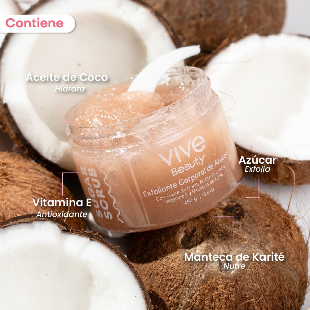 Exfoliante de azúcar con aceite de coco, vitamina E y manteca de karité