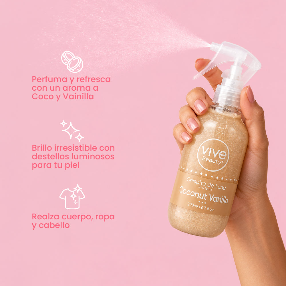 Splash con Brillo perfumado para cuerpo, ropa y cabello con aroma a coco y vainilla