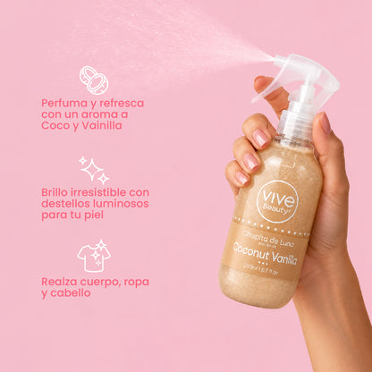 Splash con Brillo perfumado para cuerpo, ropa y cabello con aroma a coco y vainilla