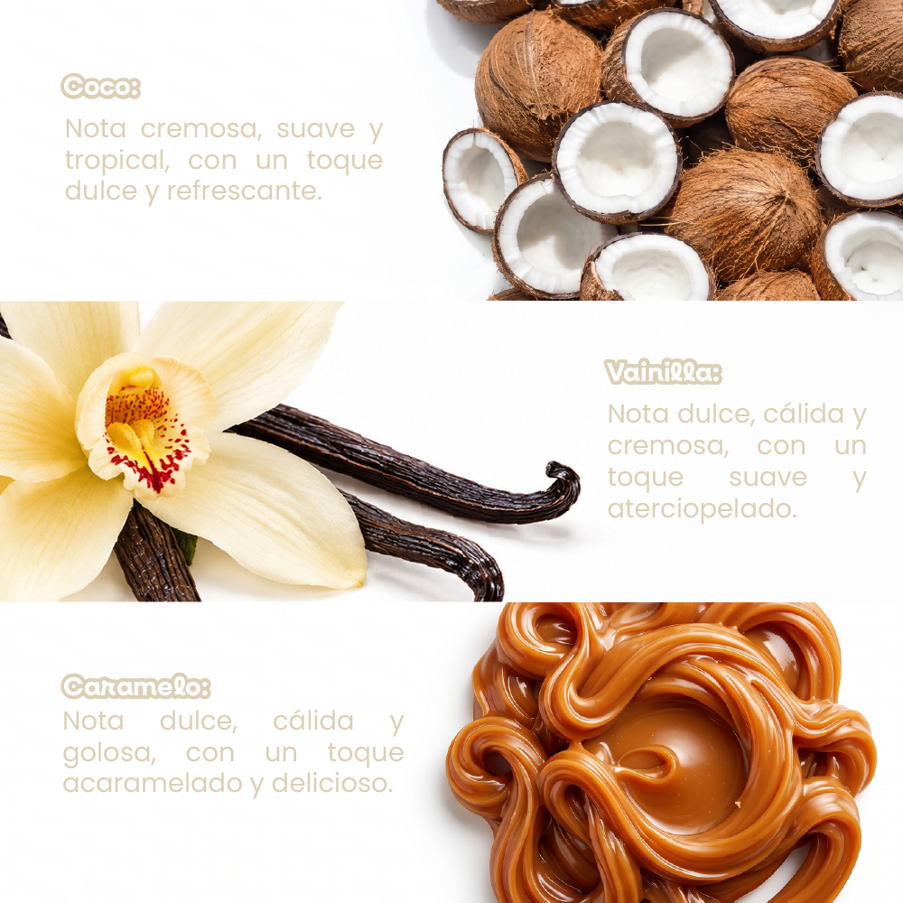 Fragancia de coco, vainilla y caramelo con aroma dulce, cálido y cremoso