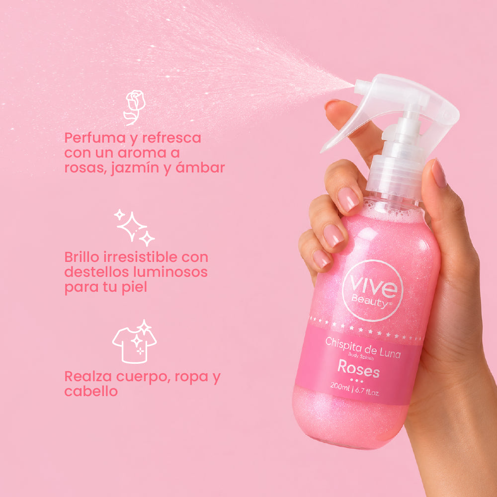 Splash con Brillo con aroma a rosas, jazmín y ámbar para cuerpo, ropa y cabello