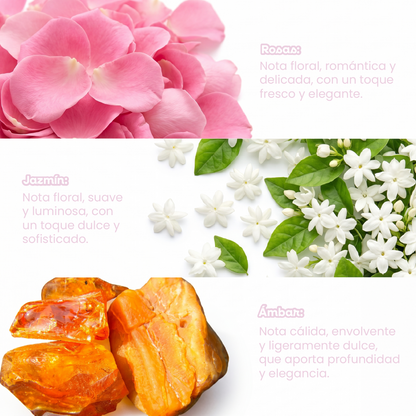 Fragancia floral con notas de rosa, jazmín y ámbar para un aroma dulce y elegante