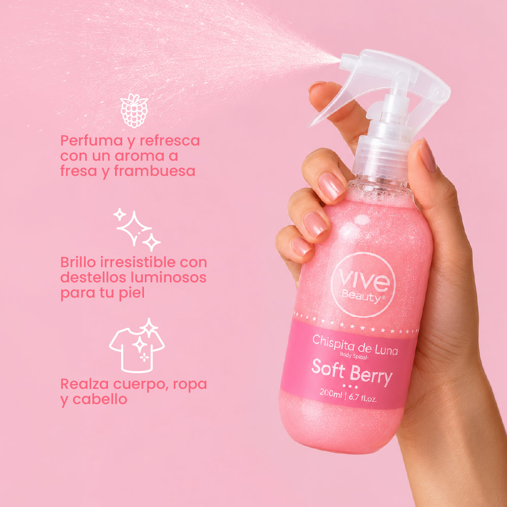 Splash con Brillo con aroma a fresa y frambuesa para perfumar cuerpo, ropa y cabello