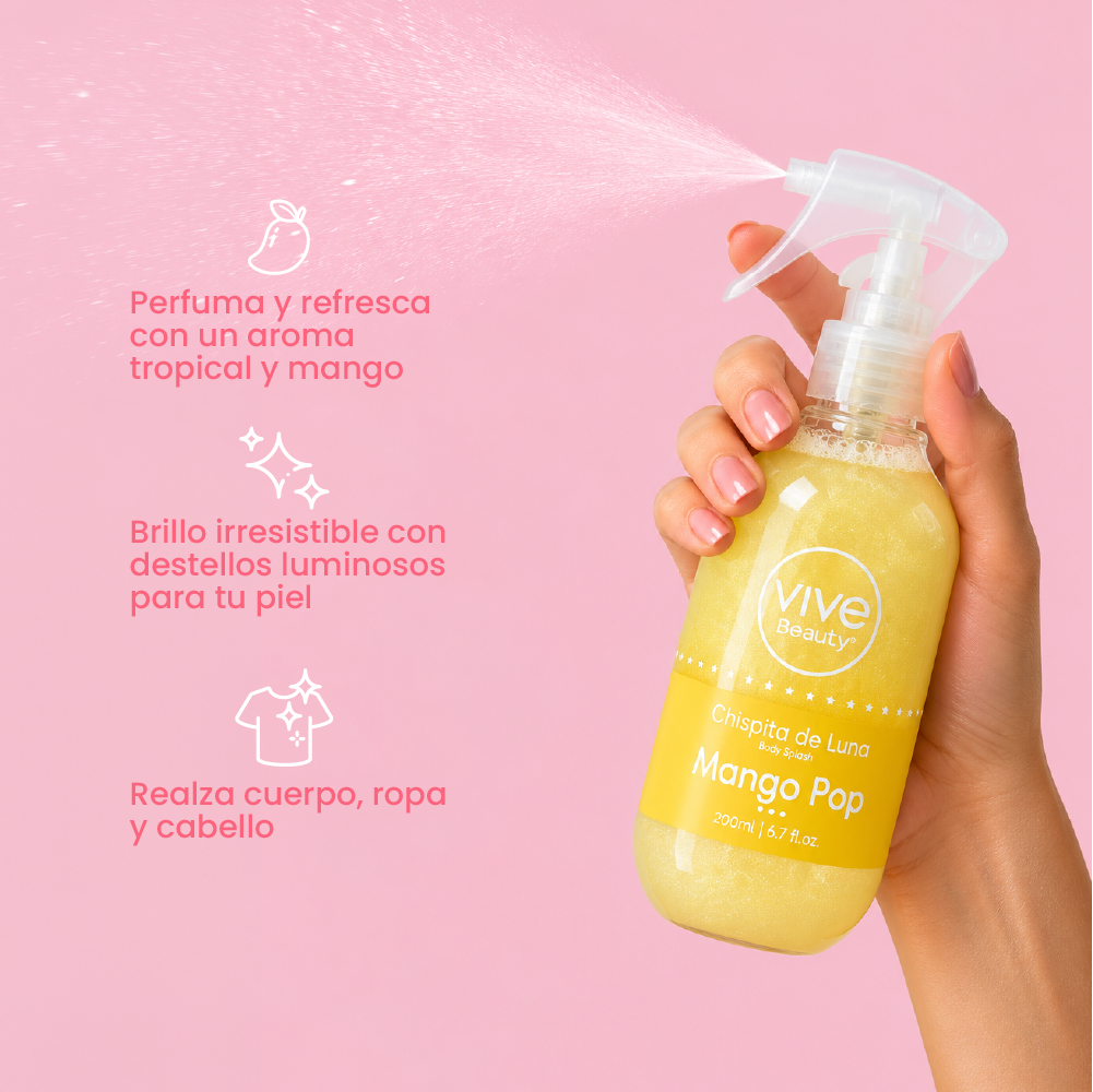 Splash con Brillo con aroma tropical de mango para perfumar y refrescar cuerpo, ropa y cabello