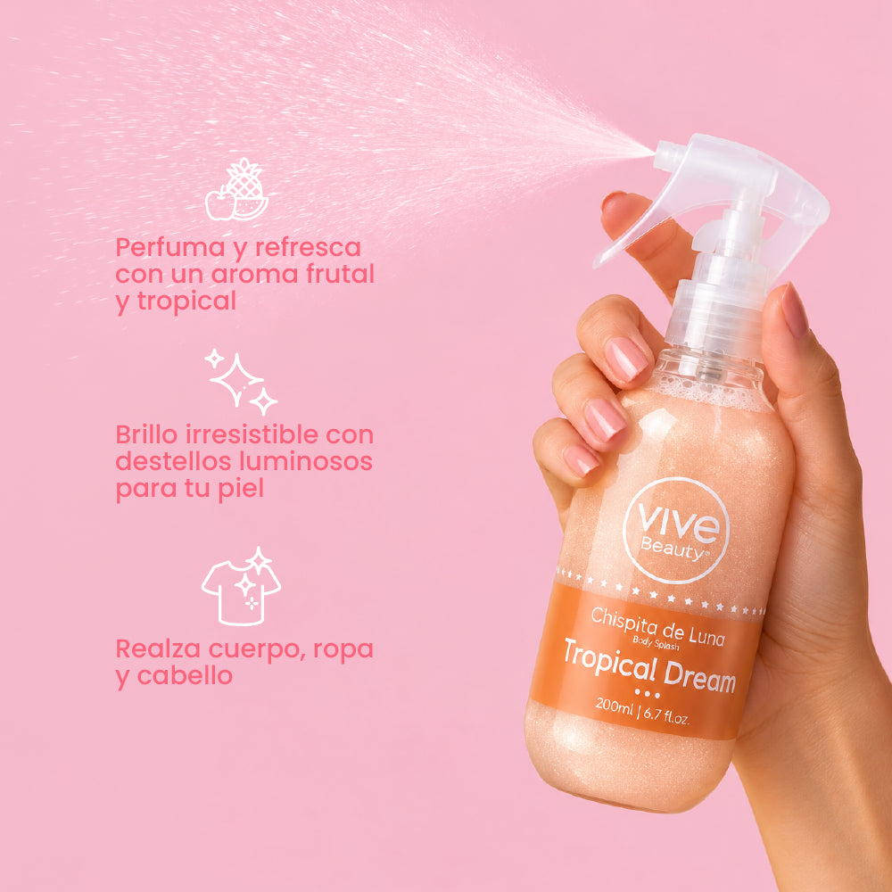 Splash con Brillo con aroma frutal y tropical para perfumar cuerpo, ropa y cabello