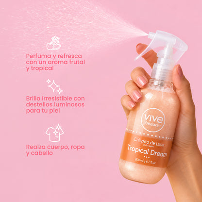 Splash con Brillo con aroma frutal y tropical para perfumar cuerpo, ropa y cabello