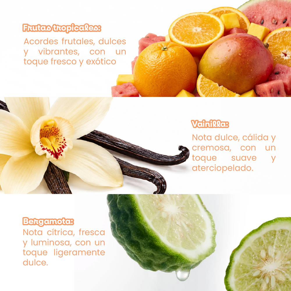 Fragancia con acordes frutales, dulces y frescos y notas de vainilla y bergamota
