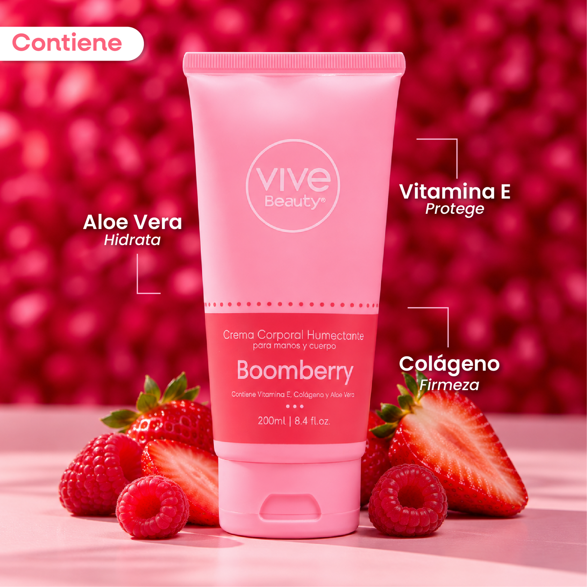 Crema corporal Boomberry con aloe vera, vitamina E y colágeno para el cuidado de la piel