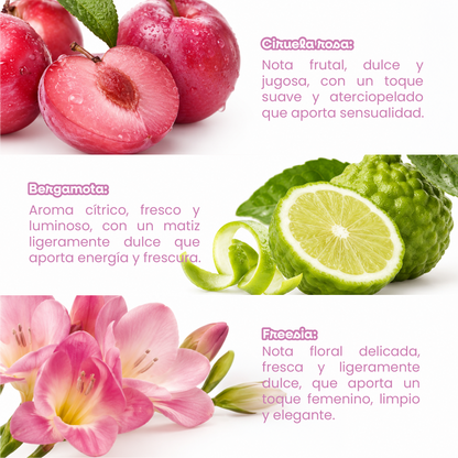 Crema corporal Euphoria con notas de ciruela, bergamota y fresia de perfil frutal, cítrico y floral