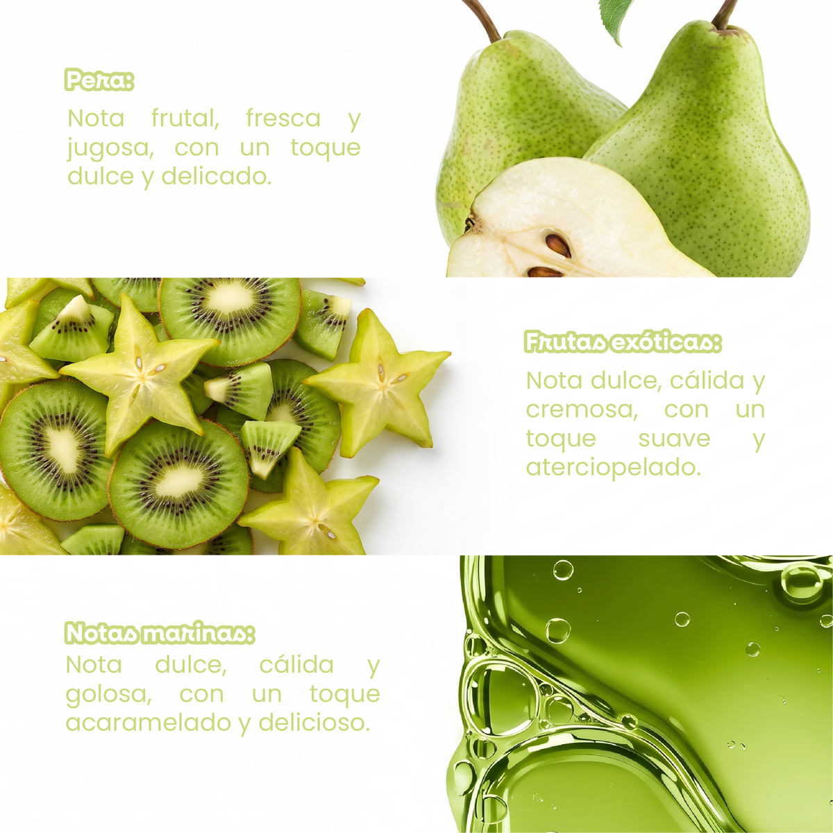 Crema corporal Green Glow con notas de pera, frutas exóticas y notas acuáticas de perfil fresco y frutal