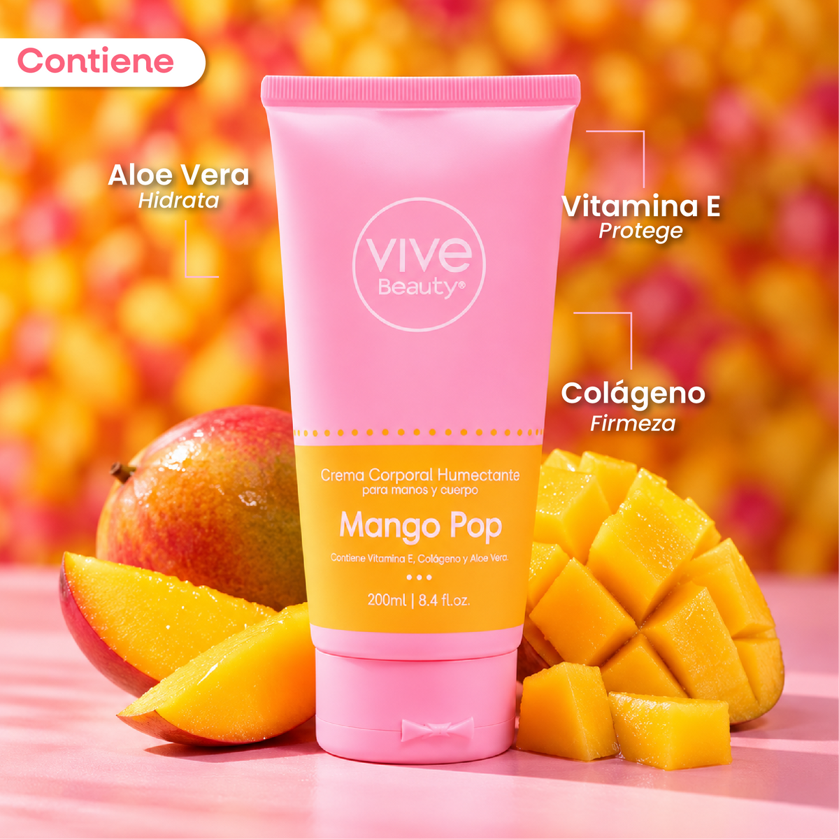 Crema corporal Mango Pop con aloe vera, vitamina E y colágeno para el cuidado de la piel