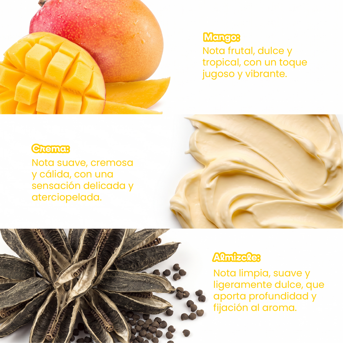 Crema corporal Mango Pop con notas de mango, crema y almizcle de perfil tropical, dulce y cremoso