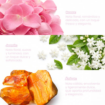Fragancia de rosas, jazmín y ámbar con aroma floral, delicado y elegante