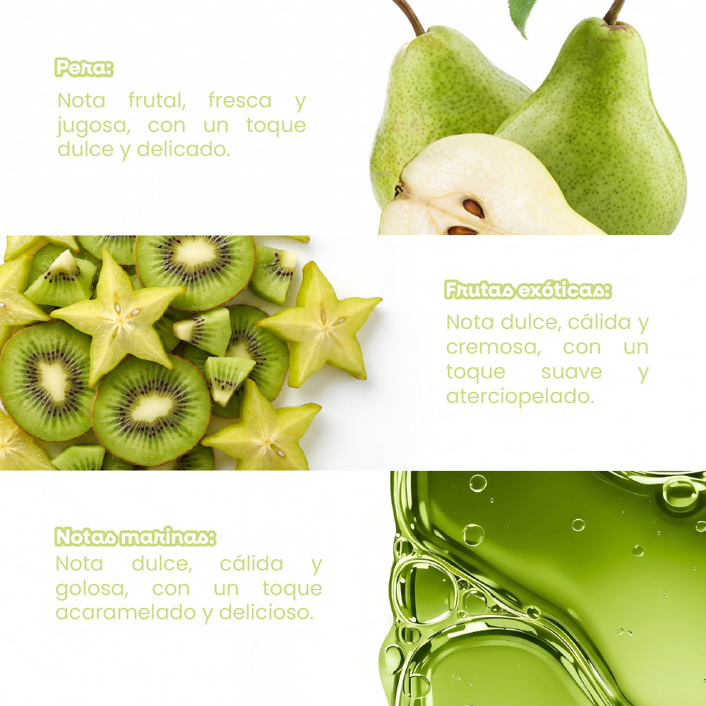 Fragancia de pera, frutas exóticas y notas acuáticas con un aroma fresco y delicado