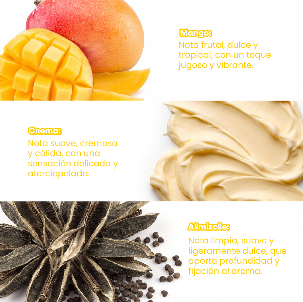 Fragancia de mango, crema y almizcle con aroma tropical, dulce y cremoso