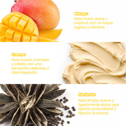 Fragancia de mango, crema y almizcle con aroma tropical, dulce y cremoso