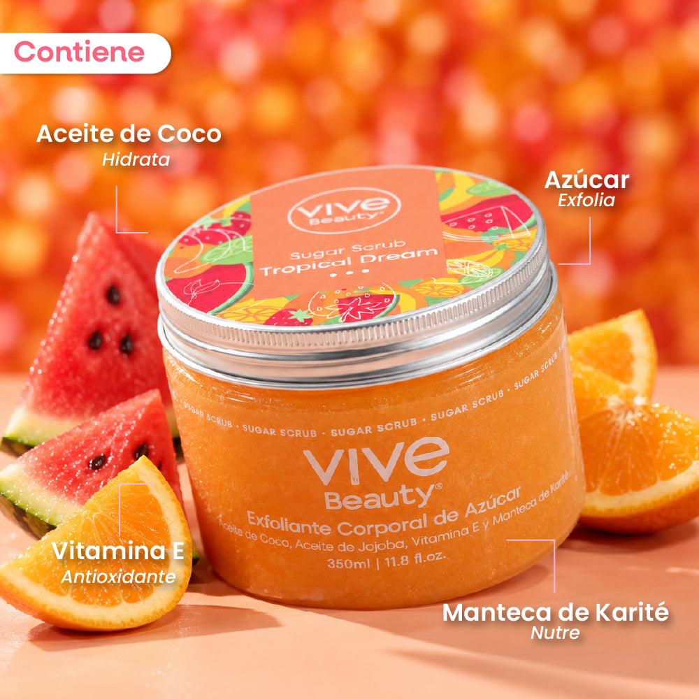 Exfoliante de azúcar Tropical Dream con aceite de coco, vitamina E y manteca de karité