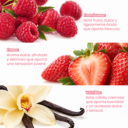 Fragancia corporal frutal con notas de frambuesa, fresa y vainilla