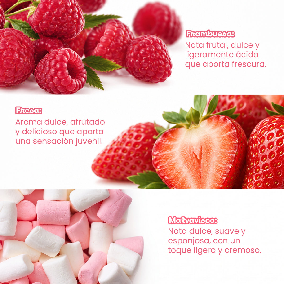 Hair Mist Paradise con notas de frambuesa, fresa y malvavisco de perfil dulce, frutal y cremoso