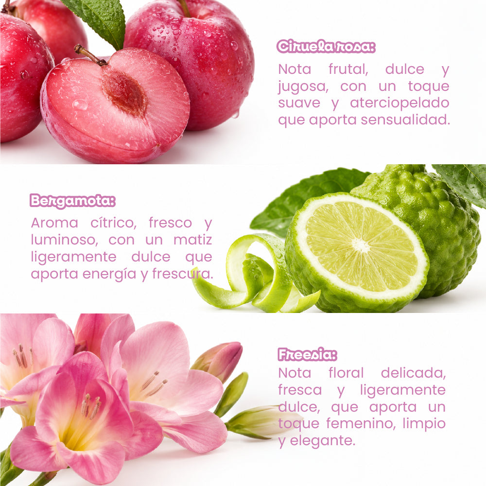 Fragancia corporal con notas de ciruela, bergamota y freesia