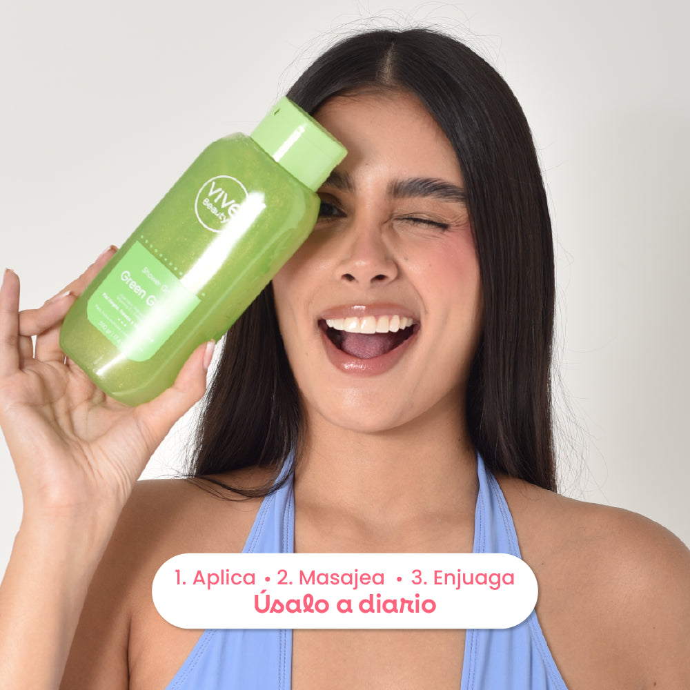Rutina de baño con gel de ducha para aplicar, masajear y enjuagar