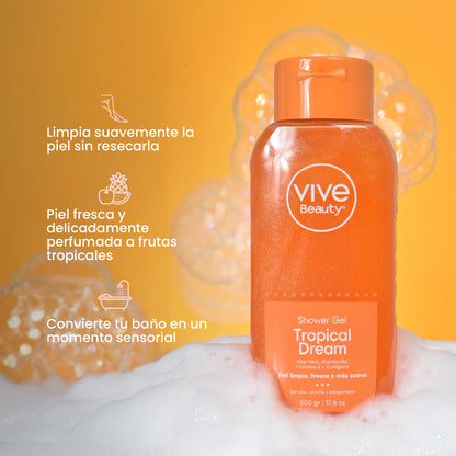 Gel de ducha con aroma tropical para limpiar suavemente y refrescar la piel