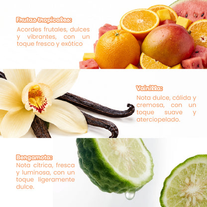 Fragancia tropical con acordes frutales, dulces, frescos y exóticos