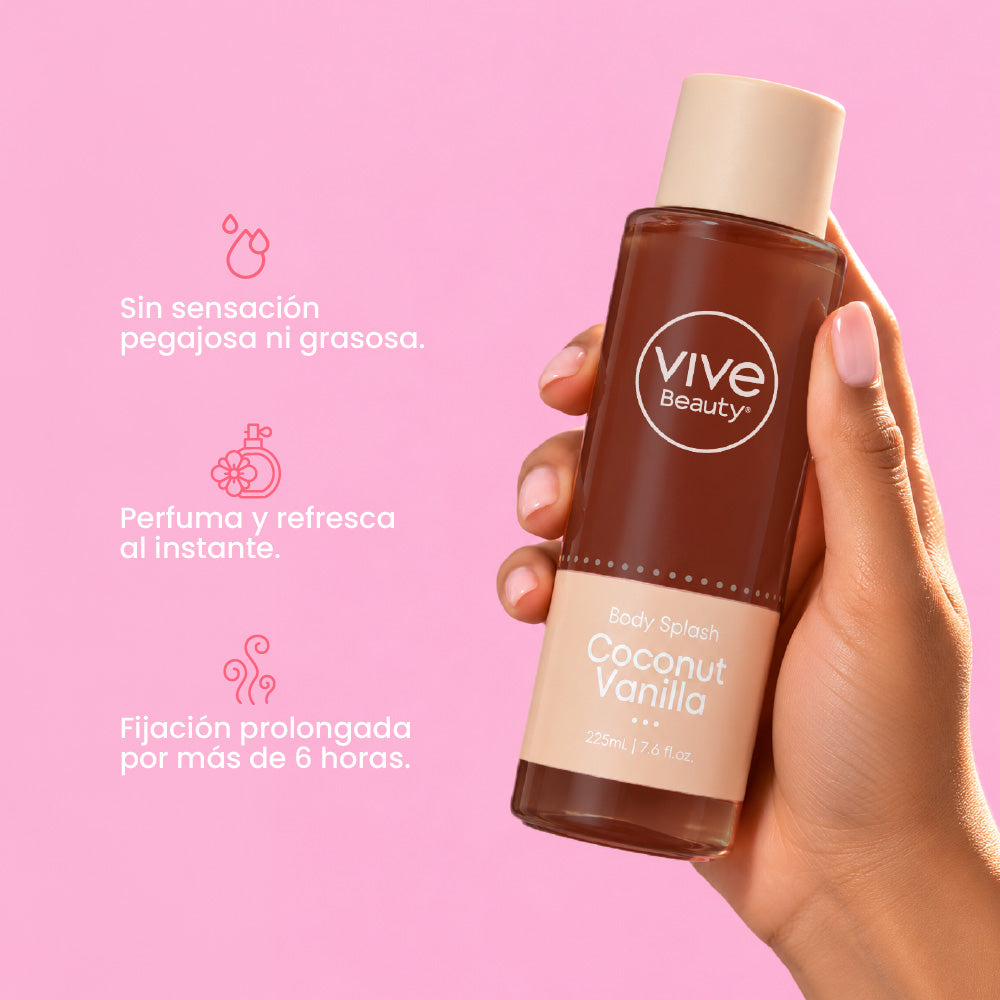 Splash Coconut Vainilla con aroma dulce, sensación ligera y fijación prolongada