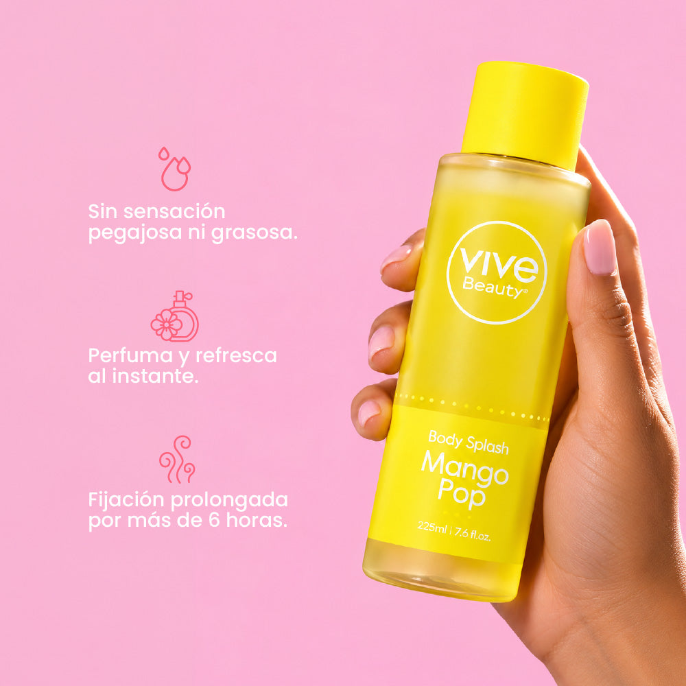 Splash Mango Pop con aroma tropical, sensación ligera y fijación prolongada